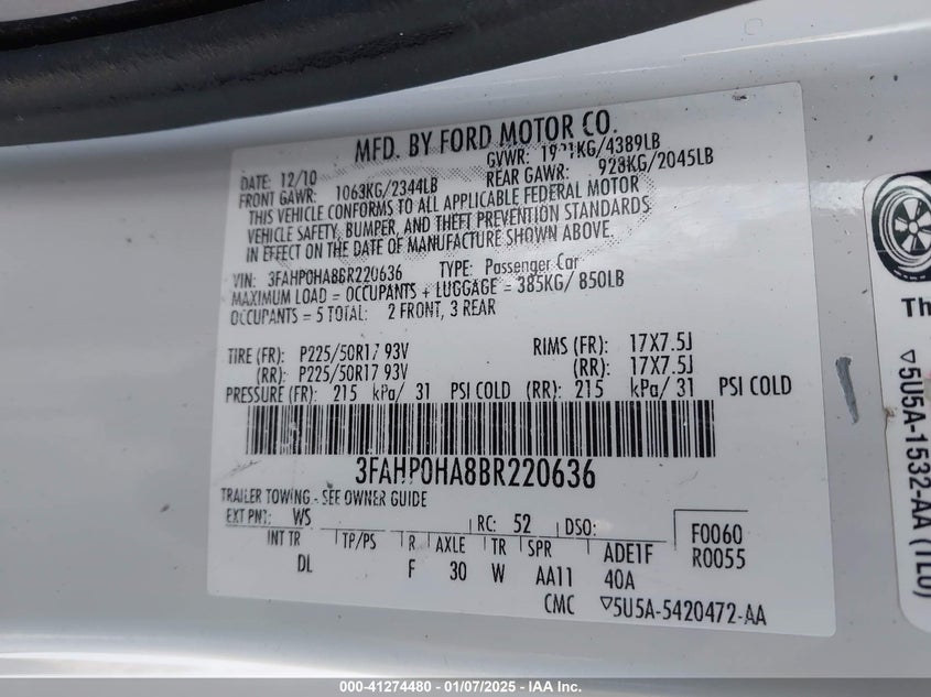 2011 FORD FUSION VIN: 3FAHP0HA8BR220636