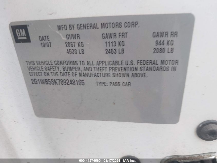 2008 Chevrolet Impala Ls VIN: 2G1WB58K789248165 Lot: 43424036