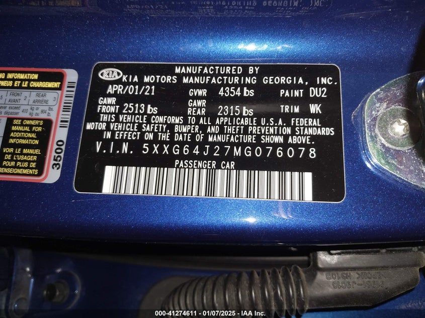 2021 KIA K5 VIN: 5XXG64J27MG076078