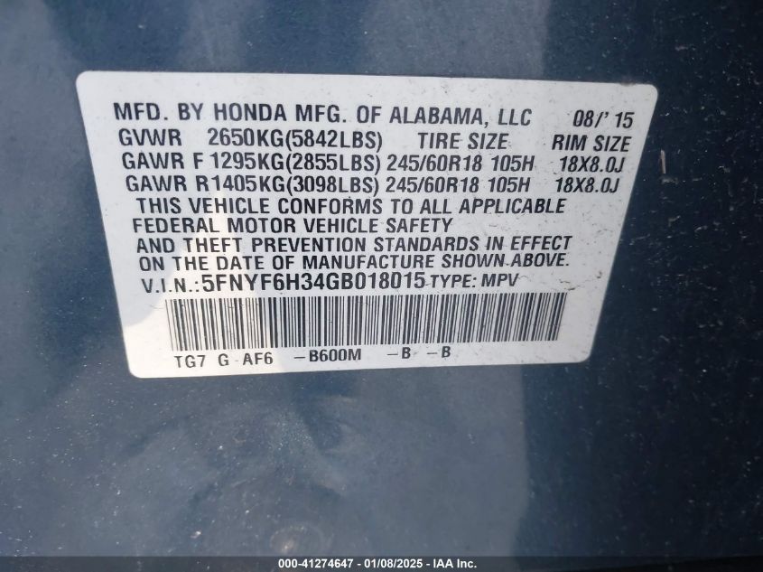 VIN 5FNYF6H34GB018015 2016 Honda Pilot, EX no.9