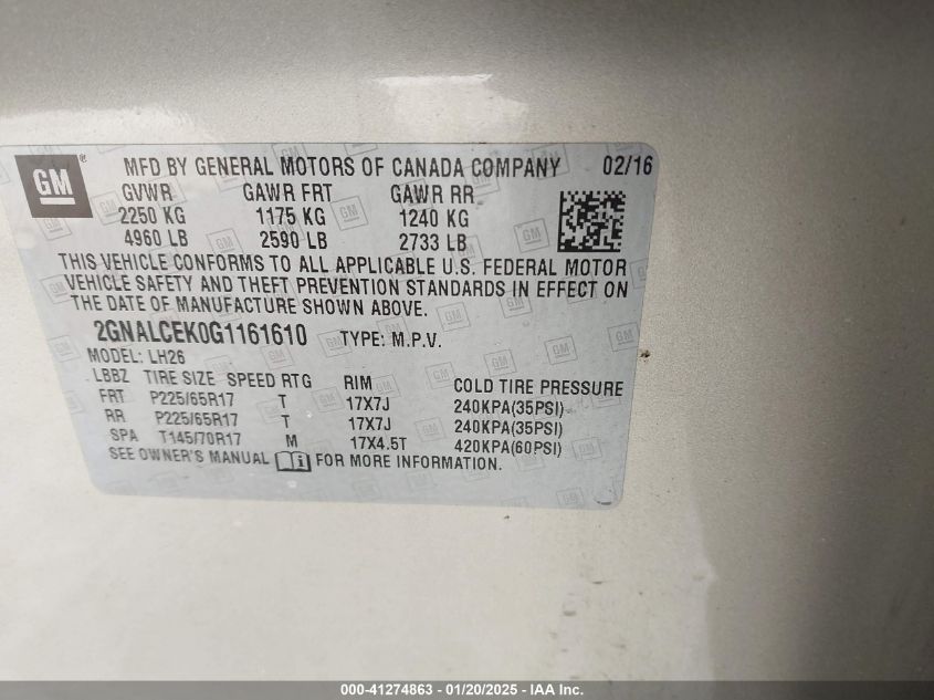 2016 Chevrolet Equinox Lt VIN: 2GNALCEK0G1161610 Lot: 41274863