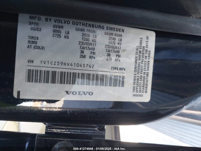 2004 Volvo Xc90 2.5T Awd VIN: YV1CZ59HX41045742 Lot: 41274948