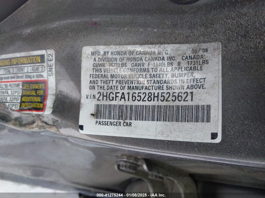 2008 Honda Civic Lx VIN: 2HGFA16528H525621 Lot: 41275244