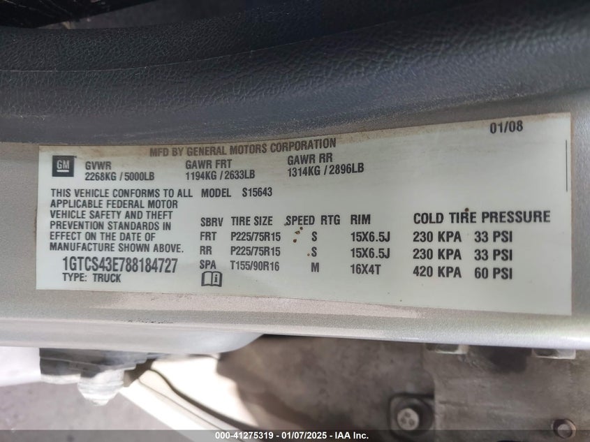 2008 GMC CANYON VIN: 1GTCS43E788184727