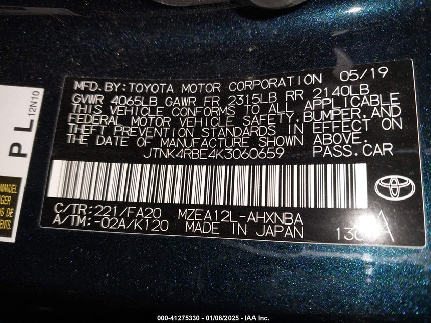 2019 TOYOTA COROLLA VIN: JTNK4RBE4K3060659
