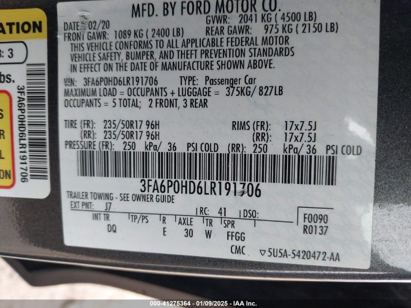 2020 FORD FUSION SE - 3FA6P0HD6LR191706