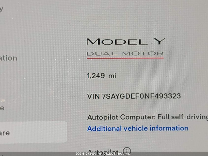 VIN 7SAYGDEF0NF493323 2022 TESLA MODEL Y no.15