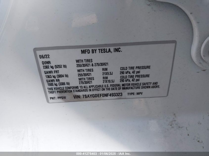 VIN 7SAYGDEF0NF493323 2022 TESLA MODEL Y no.9