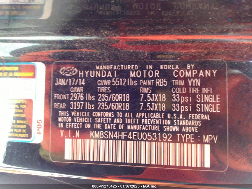 VIN KM8SN4HF4EU053192 2014 HYUNDAI SANTA FE no.9