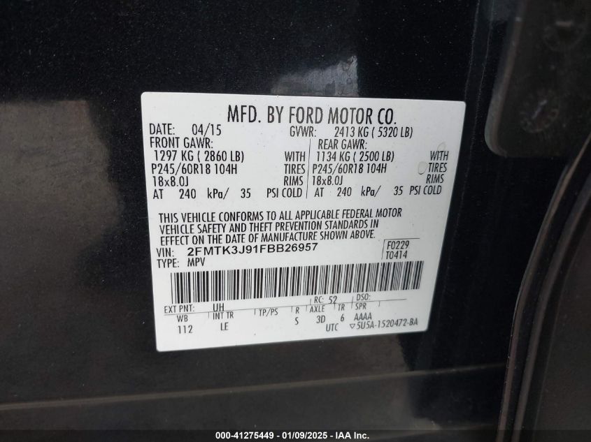 VIN 2FMTK3J91FBB26957 2015 Ford Edge, Sel no.9