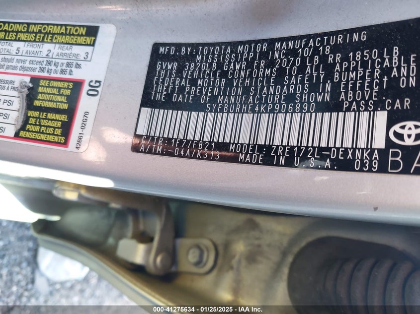 2019 TOYOTA COROLLA VIN: 5YFBURHE4KP906890