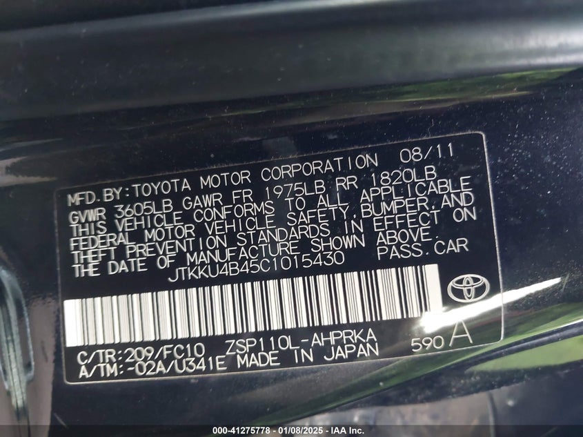 2012 TOYOTA SCION XD VIN: JTKKU4B45C1015430