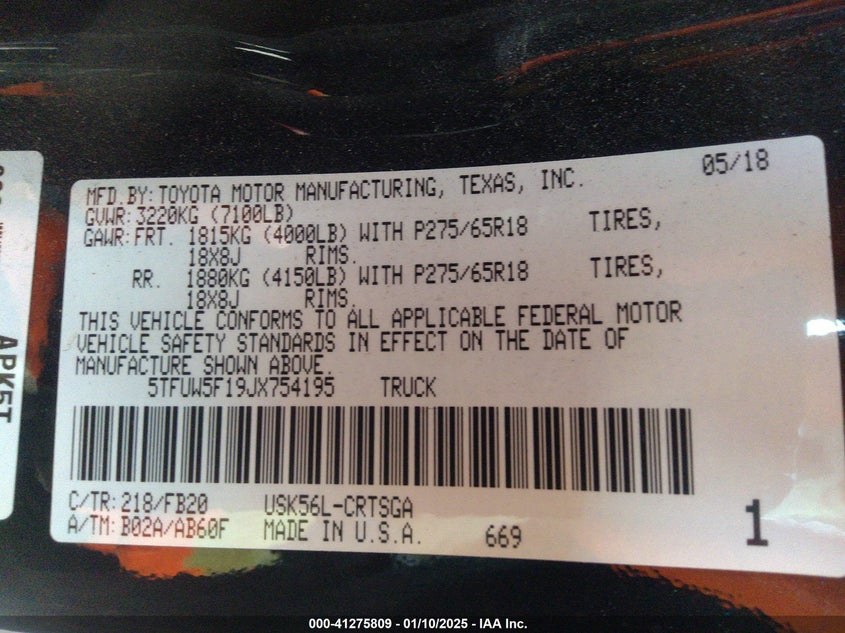 2018 TOYOTA TUNDRA DOUBLE CAB SR/DOUBLE CAB SR5 - 5TFUW5F19JX754195