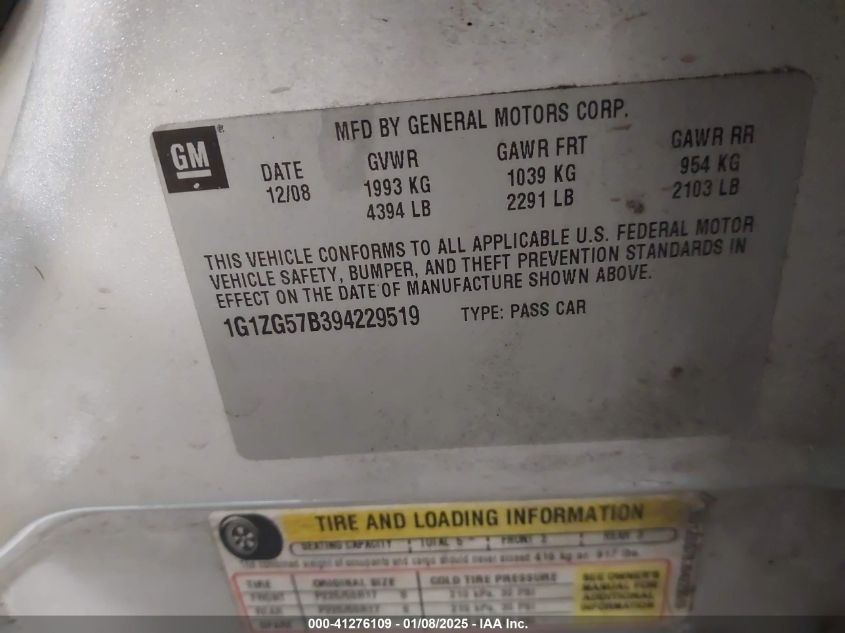 2009 Chevrolet Malibu VIN: XXXGZG57B39422919 Lot: 41276109