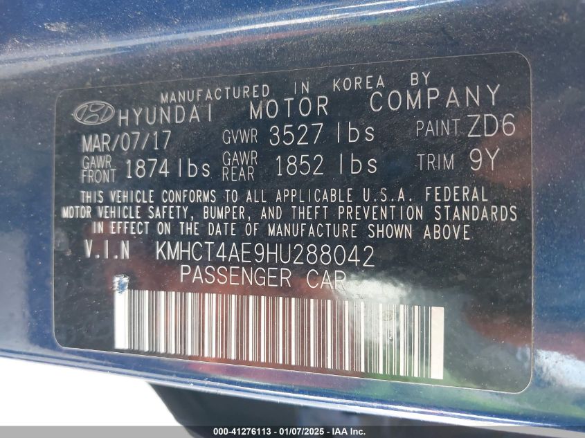 VIN KMHCT4AE9HU288042 2017 Hyundai Accent, SE no.9