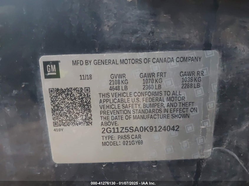 2019 CHEVROLET IMPALA VIN: 2G11Z5SA0K9124042