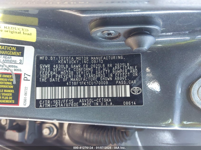 2012 TOYOTA CAMRY VIN: 4T1BF1FK1CU170009
