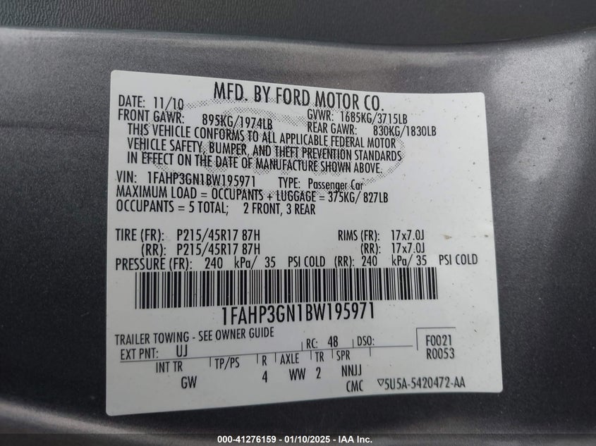 2011 FORD FOCUS VIN: 1FAHP3GN1BW195971