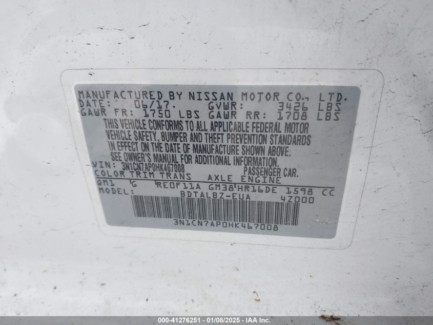 VIN 3N1CN7AP0HK467008 2017 Nissan Versa, 1.6 SV no.9