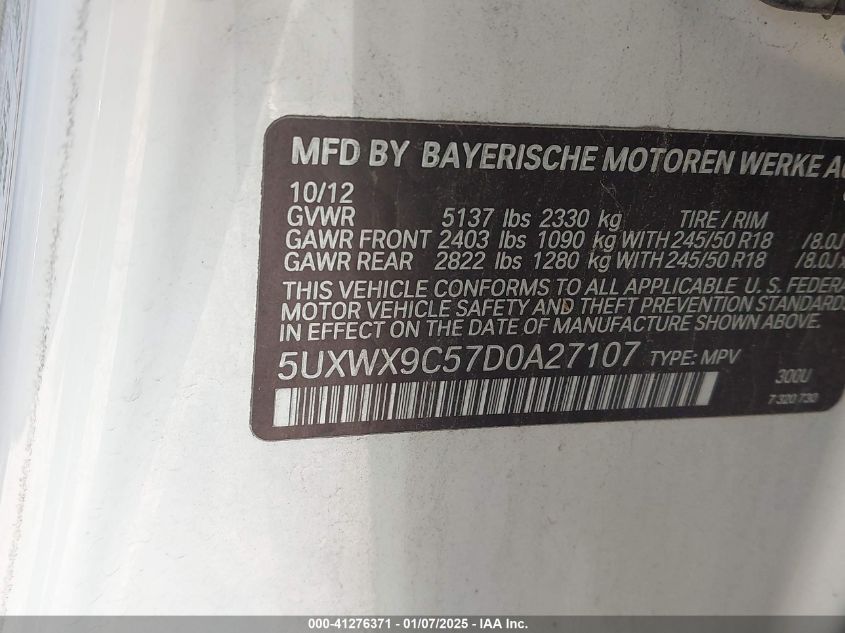 VIN 5UXWX9C57D0A27107 2013 BMW X3 no.9