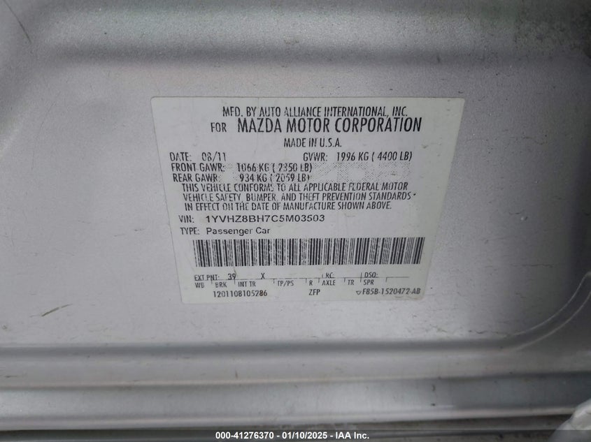 2012 MAZDA MAZDA6 VIN: 1YVHZ8BH7C5M03503