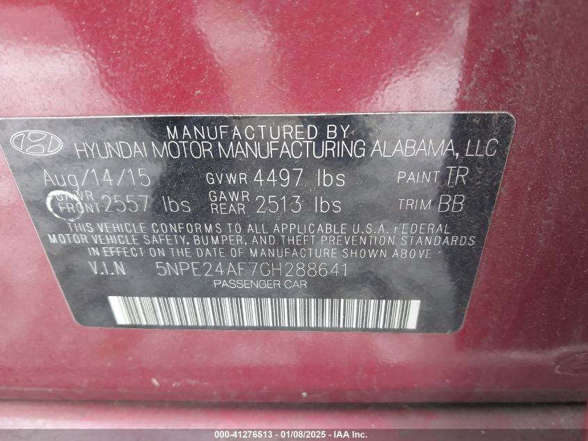 VIN 5NPE24AF7GH288641 2016 Hyundai Sonata, SE no.9