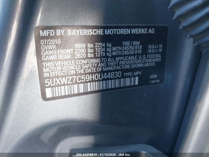 VIN 5UXWZ7C59H0U44830 2017 BMW X3, Sdrive28I no.9