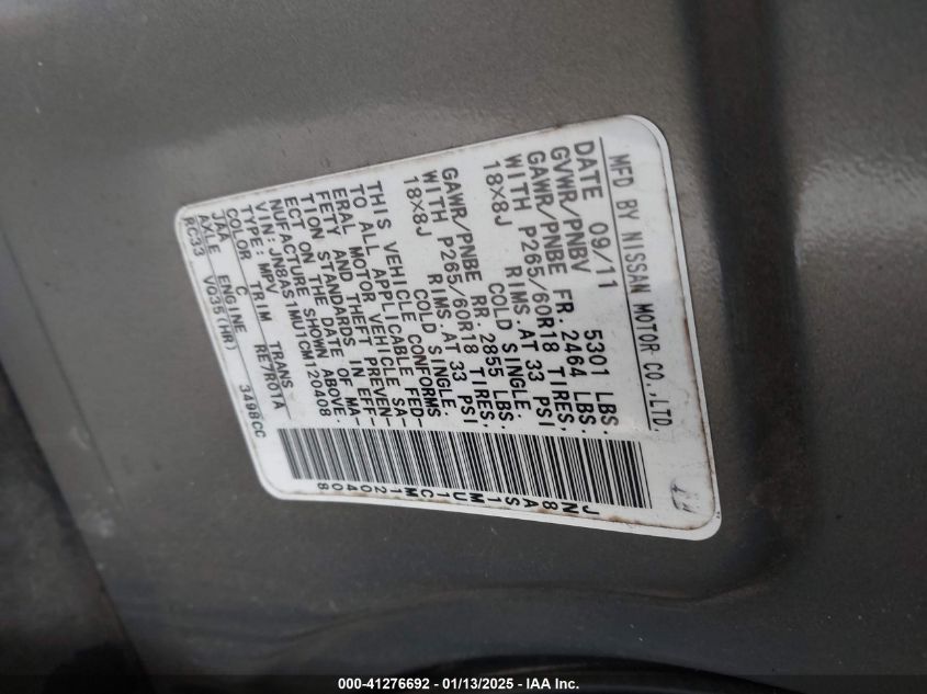 2012 Infiniti Fx35 VIN: JN8AS1MU1CM120408 Lot: 41276692