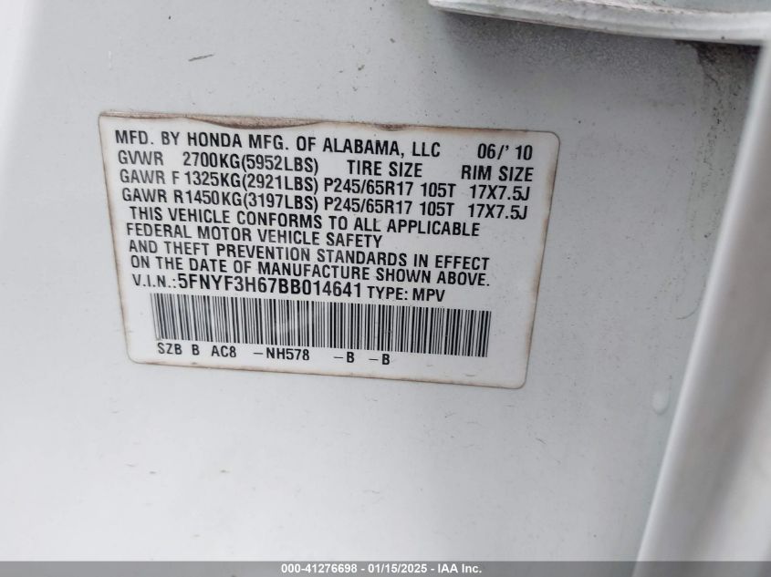 2011 Honda Pilot Ex-L VIN: 5FNYF3H67BB014641 Lot: 41276698