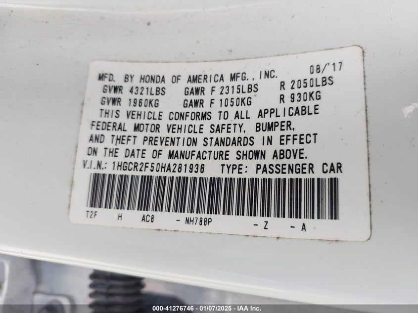 2017 HONDA ACCORD VIN: 1HGCR2F50HA281936