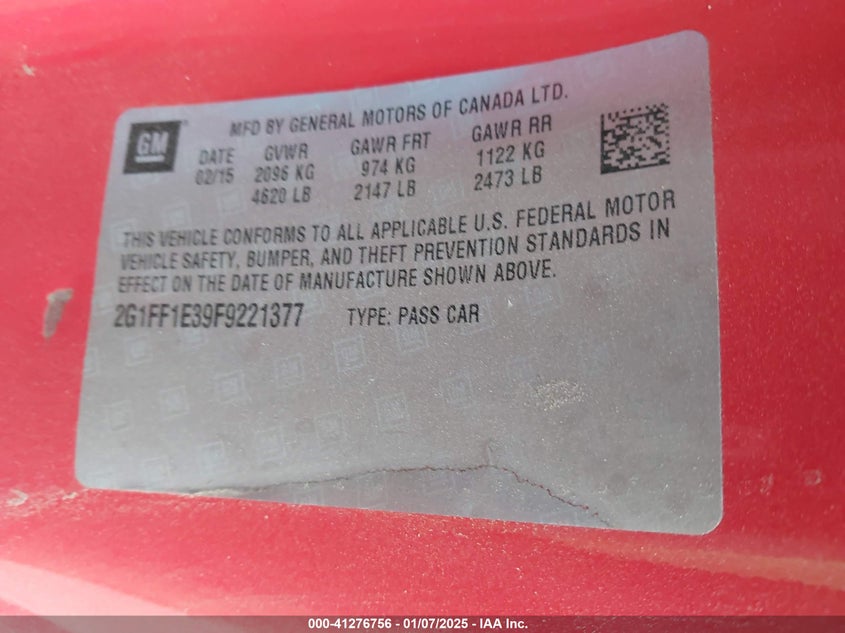 2015 CHEVROLET CAMARO VIN: 2G1FF1E39F9221377