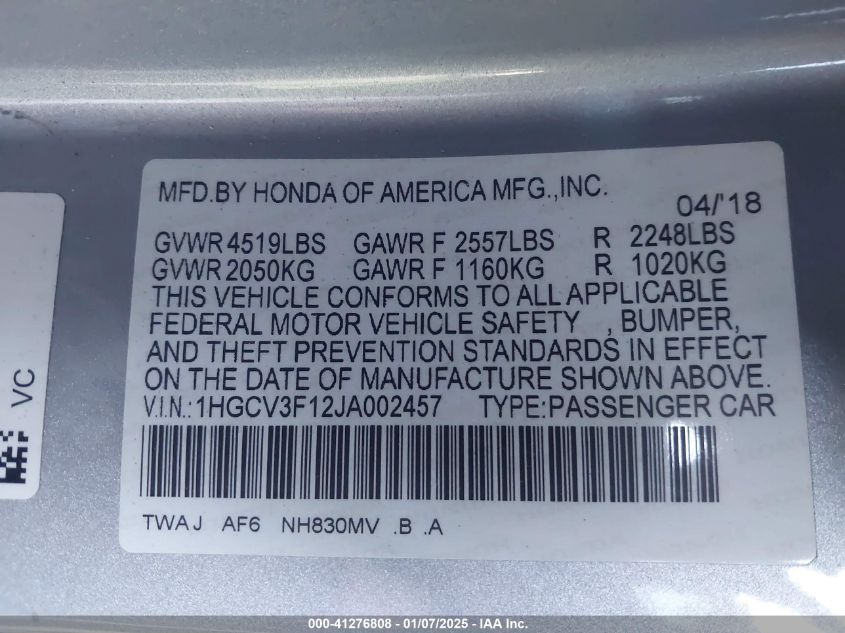 VIN 1HGCV3F12JA002457 2018 HONDA ACCORD HYBRID no.9