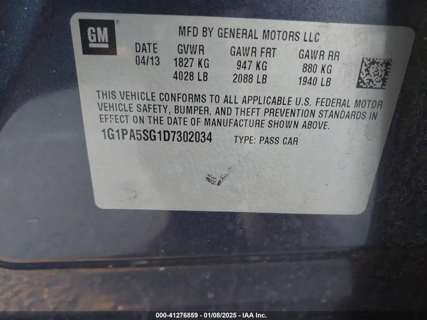 2013 CHEVROLET CRUZE VIN: 1G1PA5SG1D7302034