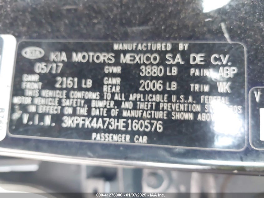 2017 KIA FORTE VIN: 3KPFK4A73HE160576
