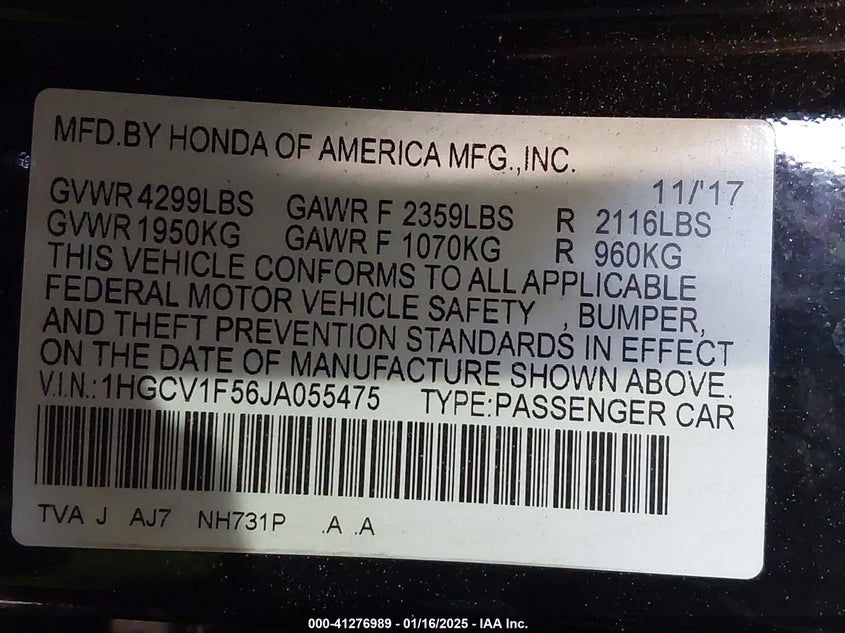 2018 HONDA ACCORD VIN: 1HGCV1F56JA055475