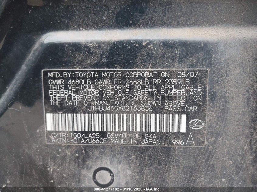 2008 LEXUS ES 350 VIN: JTHBJ46GX82163836