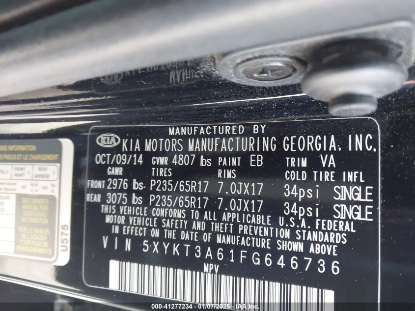 VIN 5XYKT3A61FG646736 2015 KIA SORENTO no.9