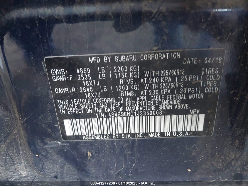 2018 SUBARU OUTBACK 3.6R LIMITED - 4S4BSENC1J3350008