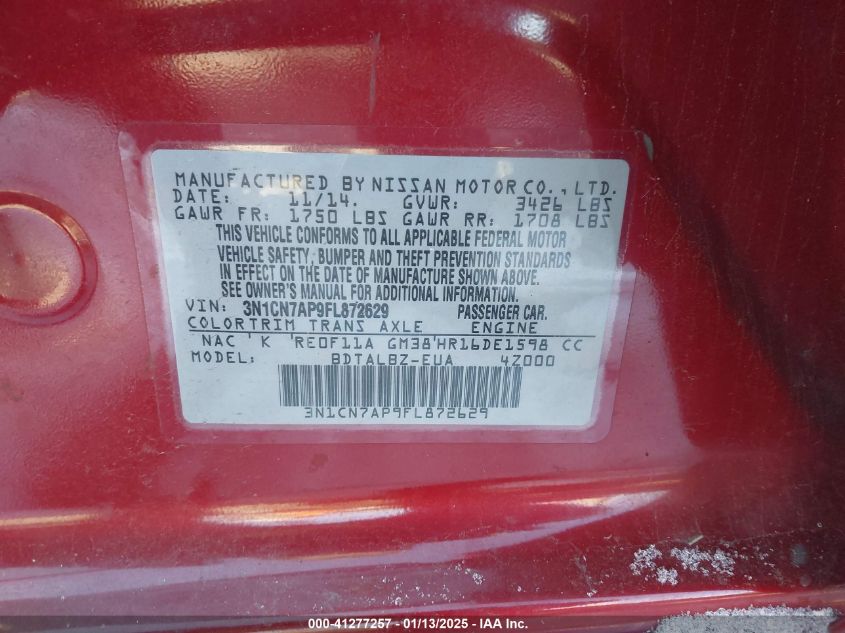 VIN 3N1CN7AP9FL872629 2015 NISSAN VERSA no.9