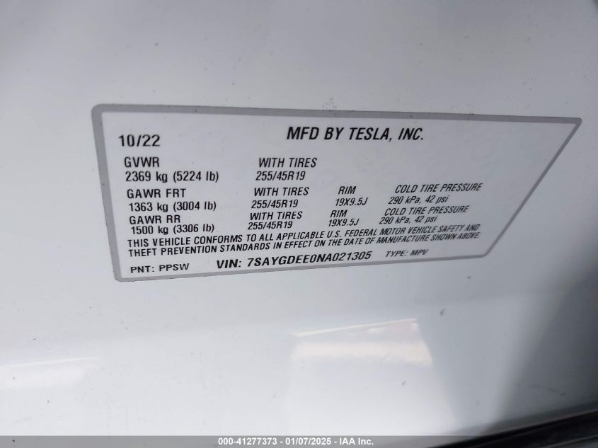 VIN 7SAYGDEE0NA021305 2022 TESLA MODEL Y no.9