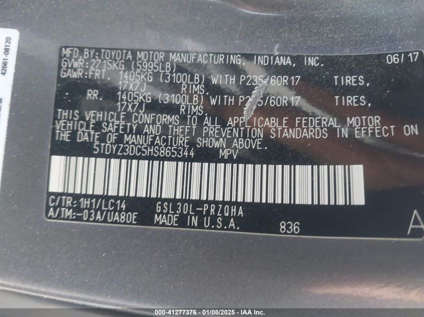 VIN 5TDYZ3DC5HS865344 2017 TOYOTA SIENNA no.9