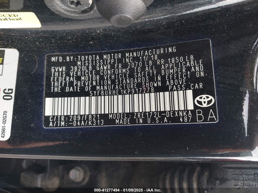 2019 TOYOTA COROLLA VIN: 5YFBURHE1KP917278