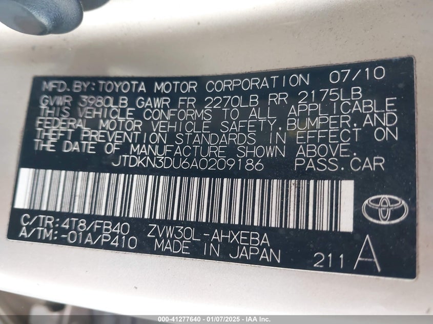 2010 TOYOTA PRIUS VIN: JTDKN3DU6A0209186