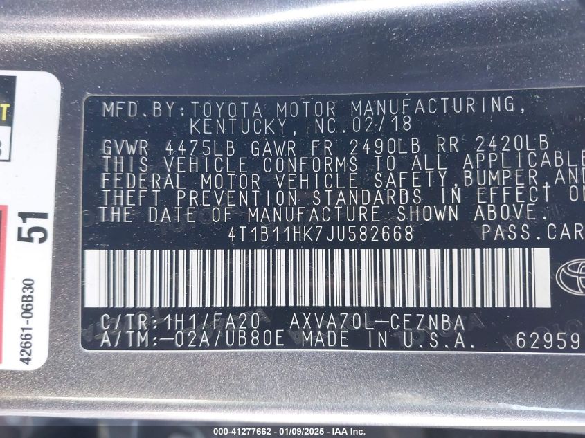 VIN 4T1B11HK7JU582668 2018 Toyota Camry, LE no.9