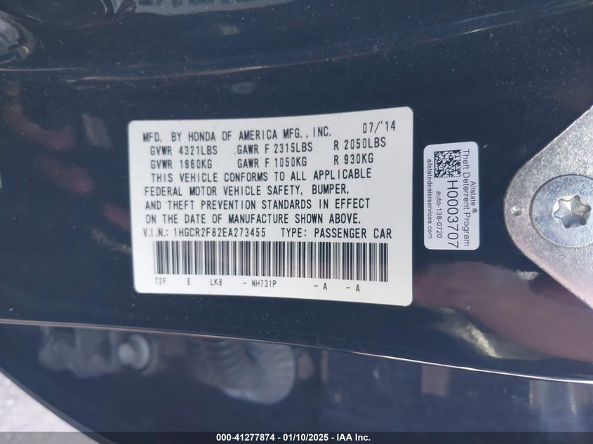 2014 HONDA ACCORD VIN: 1HGCR2F82EA273455