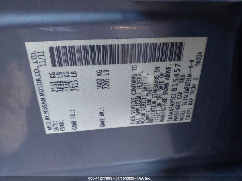 2012 Nissan Maxima 3.5 Sv VIN: 1N4AA5AP5CC815457 Lot: 41277895