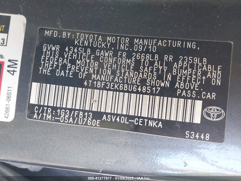 2011 TOYOTA CAMRY VIN: 4T1BF3EK6BU648517