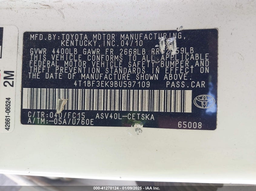 2011 TOYOTA CAMRY VIN: 4T1BF3EK9BU597109