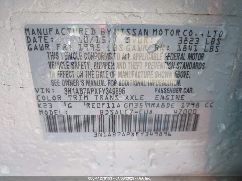2015 NISSAN SENTRA VIN: 3N1AB7APXFY349896