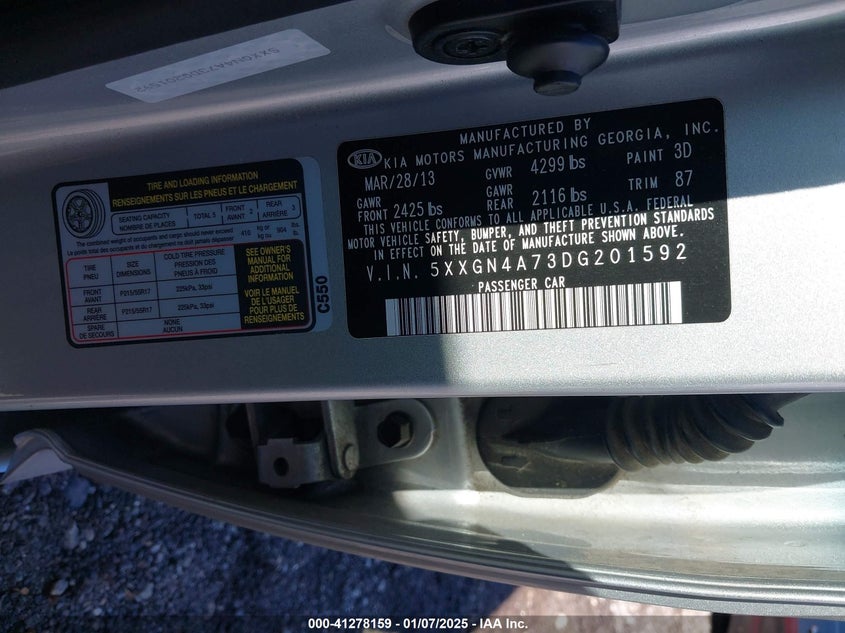 2013 KIA OPTIMA VIN: 5XXGN4A73DG201592